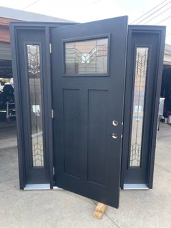 New door fiberglass exterior. Size W 69 H 81.1/2 outswing black. Jam is 4.9/16 $2550 Or patio door new
