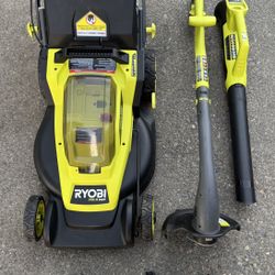 Ryobi ONE+ HP 18V Brushless 16 in. Cordless Battery Walk Behind Push Lawn Mower, Blower & String Trimmer  