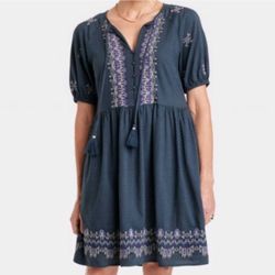 Knox Rose Womens XS Boho Dress Knee Length Short Sleeve Blue Cottage Core
