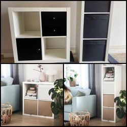 Set of Cube Storage Shelves - Long Shelf w/ Storage Bins & Square Cube w/ Cabinet Drawers and Lights