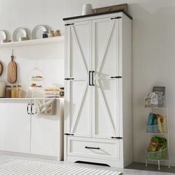 Farmhouse Kitchen Pantry Cabinet - 72" Tall Wood Kitchen Storage Cabinets with Adjustable Shelves & 2 Barn Style Doors & Drawer, Versatile Storage for