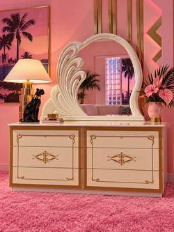 80s  Postmodern Italian White Cream Swan Art Deco Dresser with Mirror