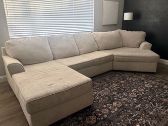 Large Beige Fabric Sectional Sofa with Chaise