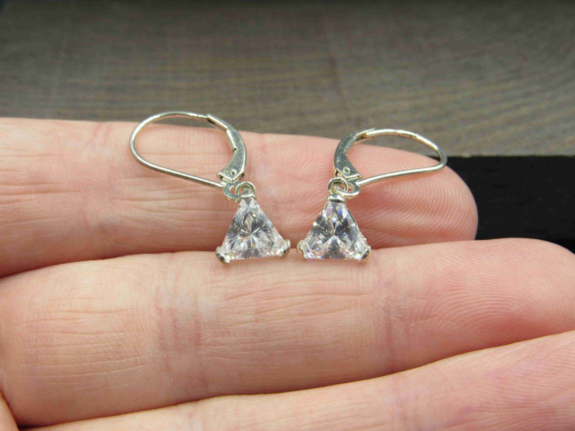 Sterling Silver Triangle Cut Clear CZ Gem Earrings Vintage Wedding Engagement Anniversary Beautiful Everyday Minimalist Cute Sexy