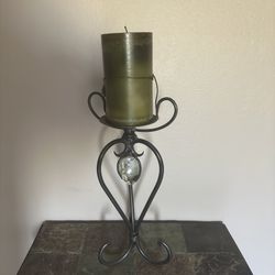 21” Tall Bronze Metal Candle Holder And Pillar Candle