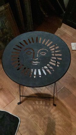 Small metal vintage sun top design foldable table  17 1/2 x16 circular  inch