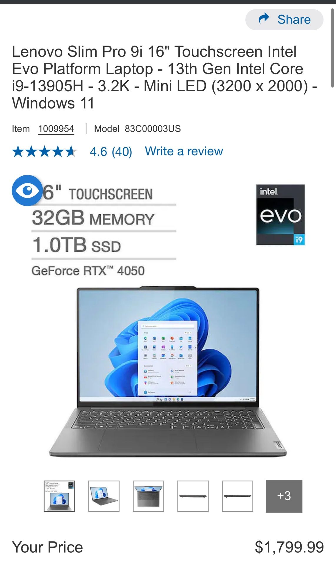 Lenovo Slim Pro 9i 16" Touchscreen Intel Evo Platform Laptop - 13th Gen Intel Core i9-13905H - 3.2K - Mini LED (3200 x 2000) - Windows 11