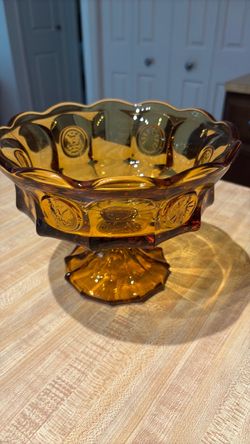 Fostoria Amber Coin Glass Pedestal Footed Compote 1950’s Seal & Torch Design