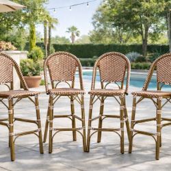 Set Of 4 Outdoor PE Rattan French Barstool, Rust Red and White, Aluminum Frame with Bamboo Finish [NEW] **Assembly Req** 