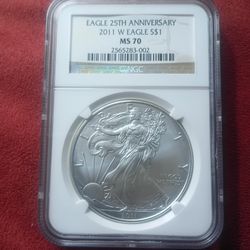 2011-W $1  American Silver Eagle 25th Anniversary NGC MS70 Brown Label.Very Nice