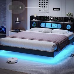 California King Bed Frames, Floating Bed with Storage Headboard & LED Lights, Cal King Bed Frame with Headboard, Platform Bed No Box Spring Needed, No