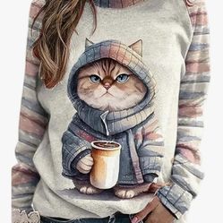 IVERIRMIN Women's 3D Cute Cat Print Sweatshirt Casual Long Sleeve Crewneck Cute Cat Pullover Loose Fit Shirts. Size XXL