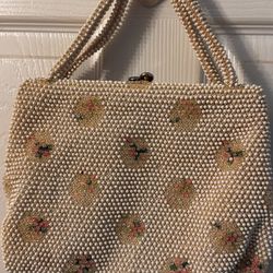 Vintage 1950s Lumured Corde Bead Purse Embroidered Floral Handbag