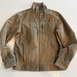 S Kuhl Men’s Disressed Cotton Bomber Patina Poly Fleece Lined Small Khaki Brown