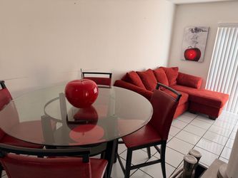 Red Sofa + Glass Dining Table Set – Matching Furniture Set