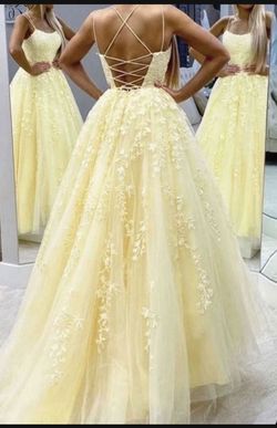 Backless Yellow Lace Long Prom Dress, Long Yellow Lace Formal Dress, Yellow Evening Dress