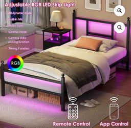 Twin Bed Frame with Charging Station, Metal Platform Bed with LED Lights