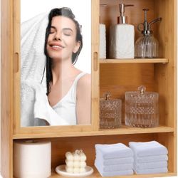 BRAND NEW..Bamboo Bathroom Cabinet with Mirror, Wall Mounted, Vanity Storage, Over Toilet, 2 Sliding