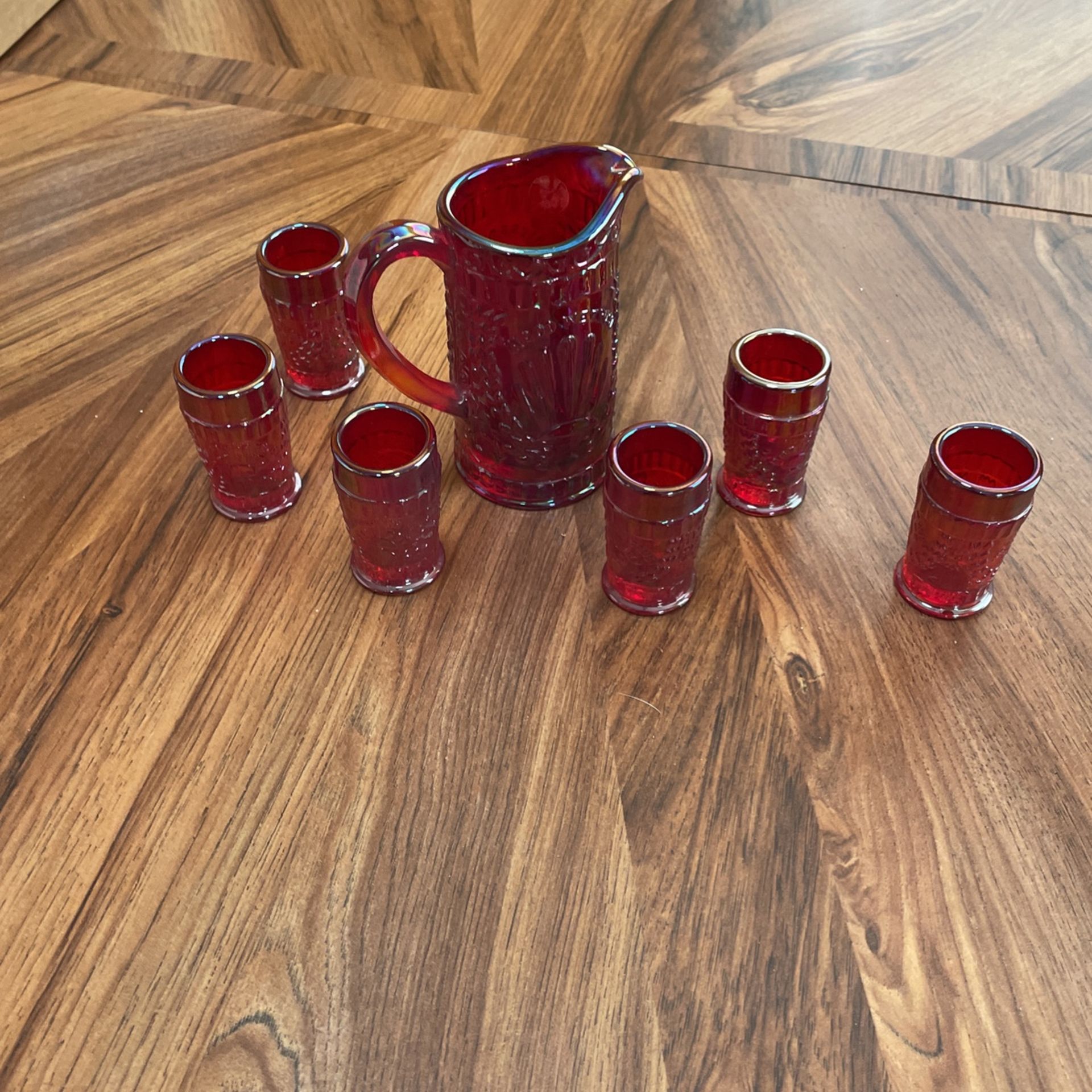 Red Carnival Glass Pitcher And Cup Set
