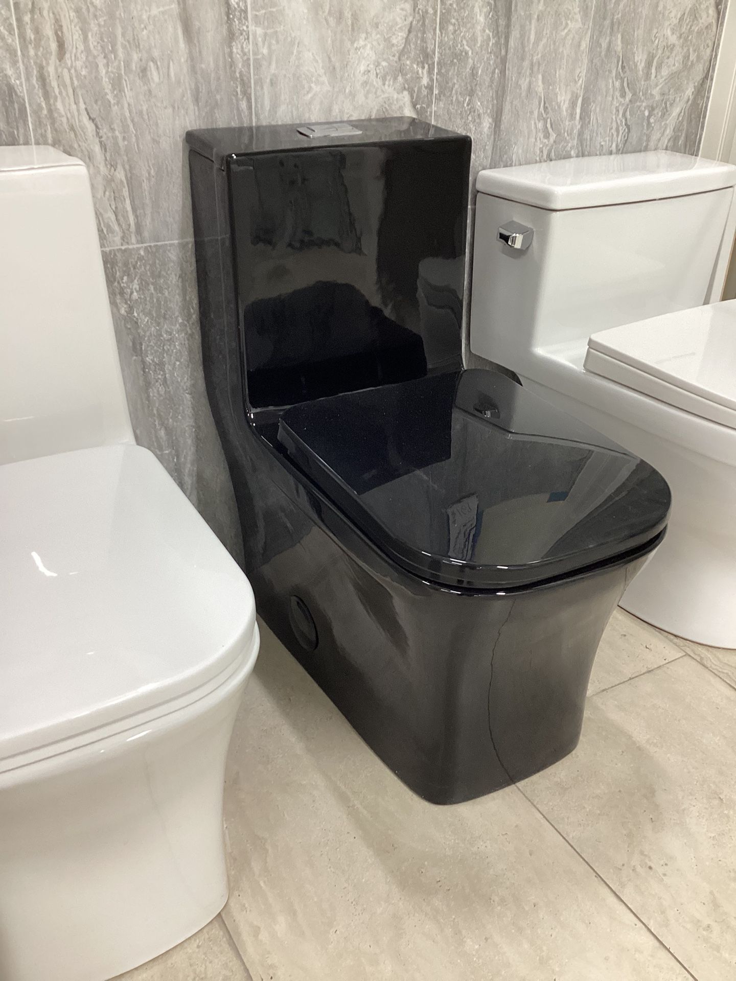 One Piece Black Color Toilet Dual Flush System With Softclose Seat Fully Skirted Ready For Pick Up Today