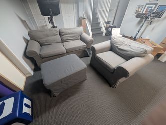 Den furniture couch and cabinets