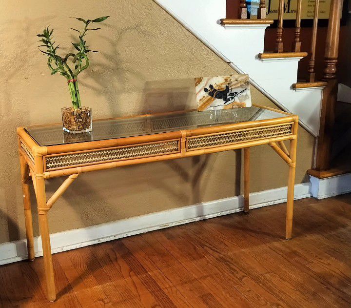 Vintage Streamlined Rattan and Glass Console Hallway Entrance Way Table
