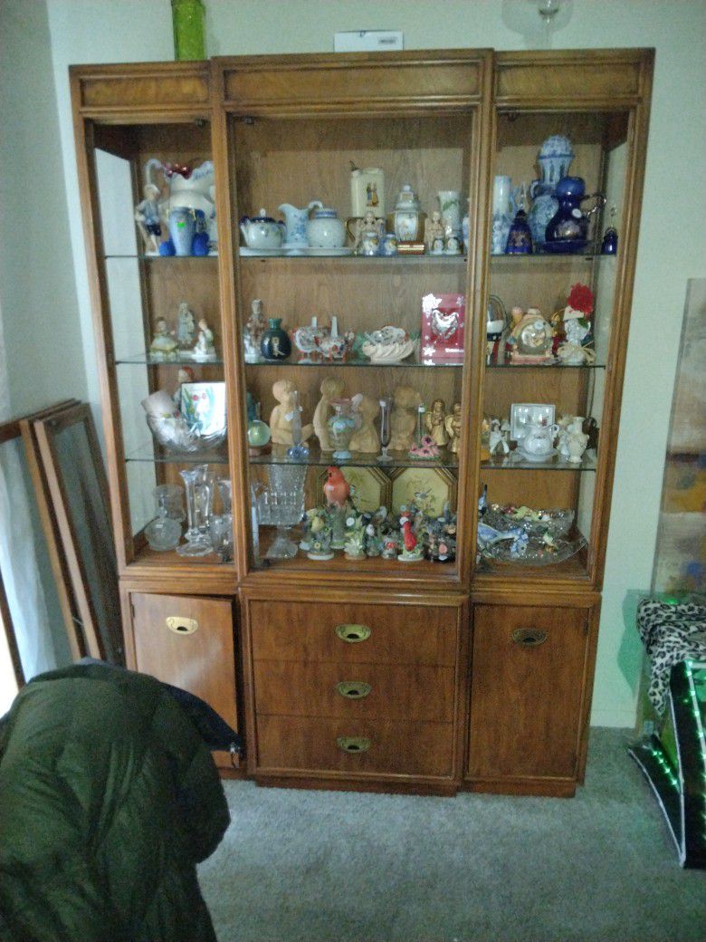 Drexel China Cabinet Solid Pecan Wood Like New And Full Of Antique China And Waterford Crystal And More