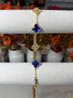 Royal Blue Puffy Clover & Crystal Gold-Toned Bracelet