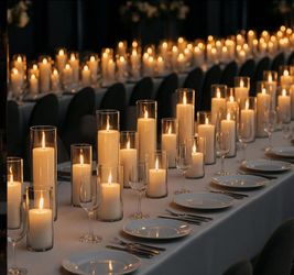 Glass hurricane vases with ivory pillar candles (24 pack)