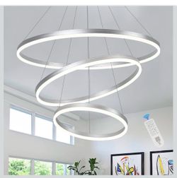 3-Rings D31.5’’ Modern LED Chandelier Silver, Dimmable Pendant Lighting with Remote Control Circular Flush Mount High Ceiling Light for Living Dining