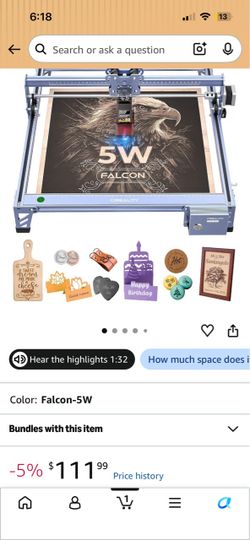 Creality Falcon 5W Laser Engraver Machine, 72w High Precision 0.06mm Laser
