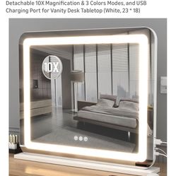 Vanity Mirror with Lights, 23"x 18" Large LED Lighted Mirror with Detachable 10X Magnification & 3 Colors Modes, and USB Charging Port for Vanity Desk