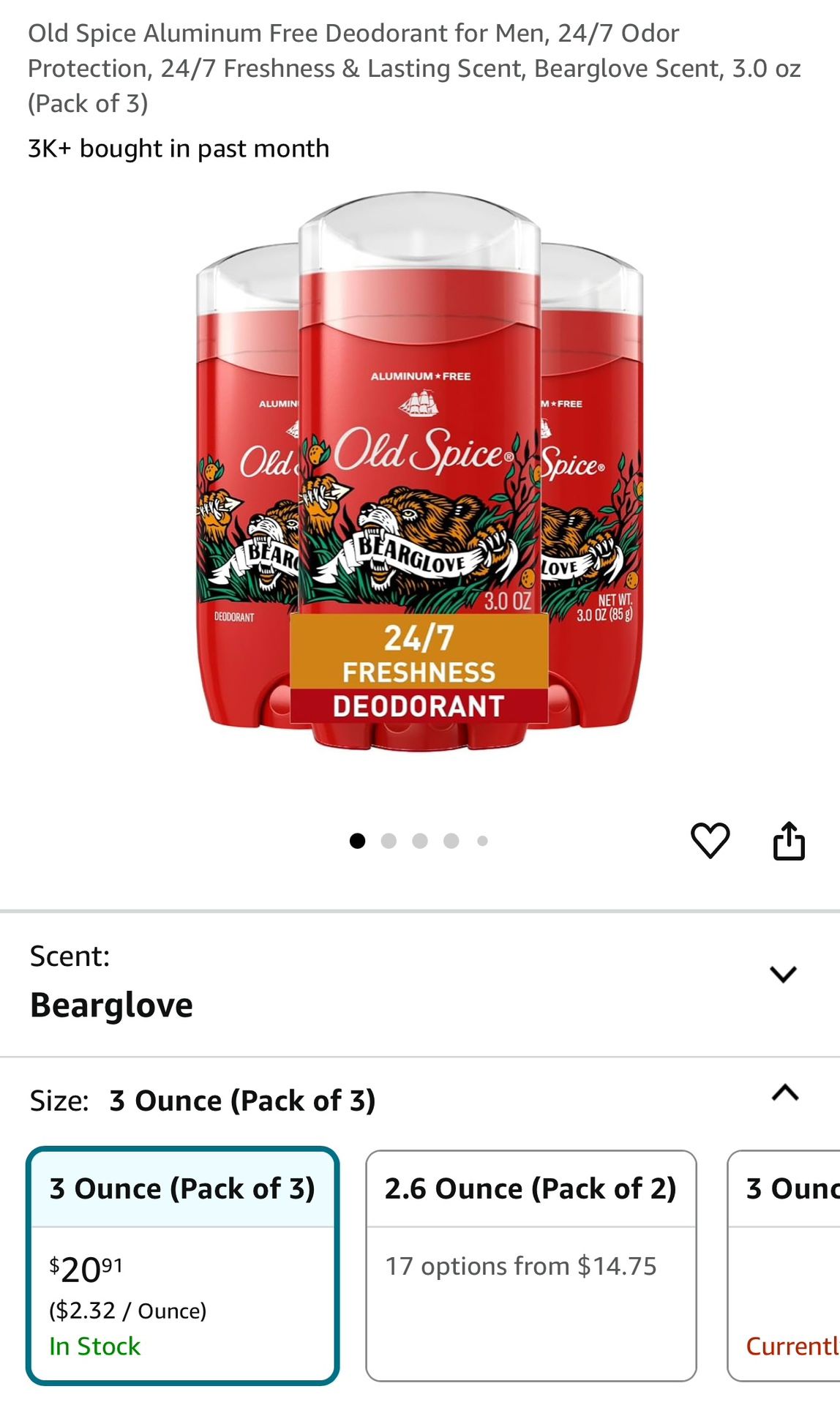 Old Spice Aluminum Free Deodorant for Men, 24/7 Odor Protection, 24/7 Freshness & Lasting Scent, Bearglove Scent, 3.0 oz