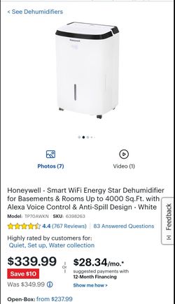 Honeywell - 70-Pint Smart Portable Dehumidifier - White $280