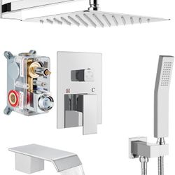 Shower System with Tub Spout Wall Mount Tub Shower Faucet Set Complete with Handheld Spray 3 Function Rough-In Valve Included,12 Inch Rainfall Shower 