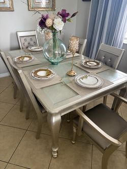 Silver Glam Dining Table with Glass Top – Elegant Formal Dining Room Table