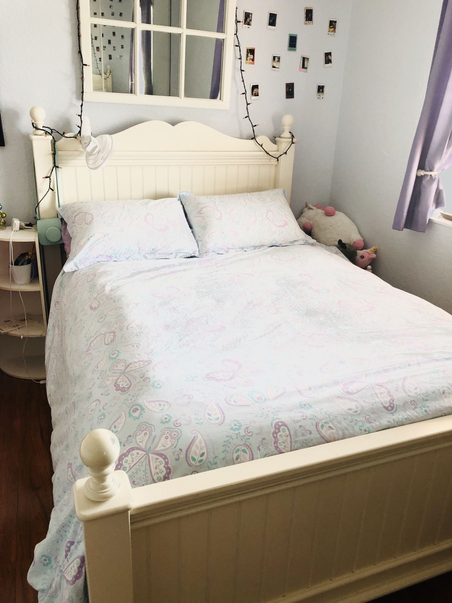 Full size pottery barn duvet cover, duvet, fitted sheet, flat sheet, pillow cases and a set of drapes