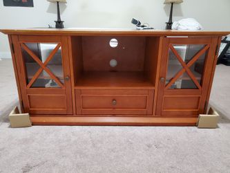 Wood TV Stand with Glass Cabinet Doors
