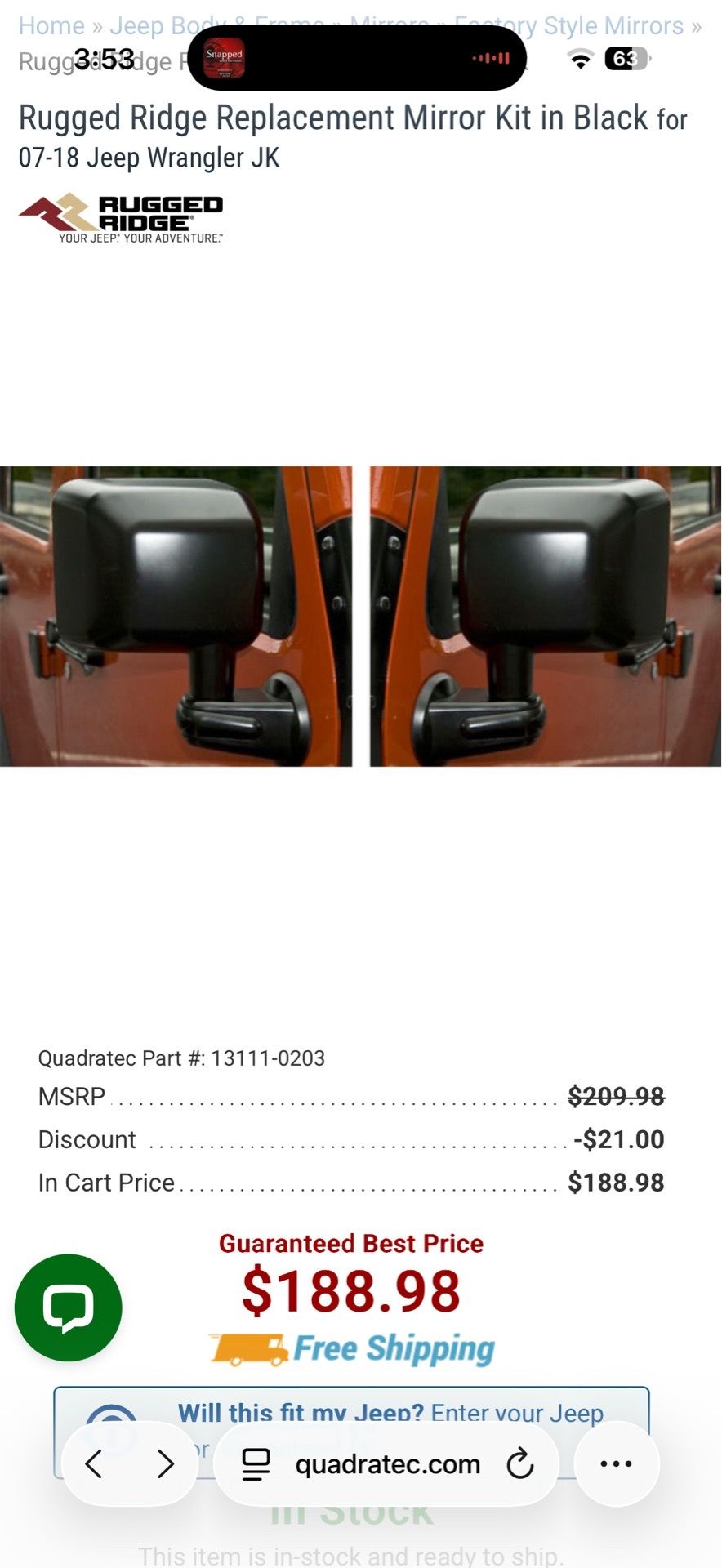 Rugged Ridge Door Mirror Right Pair Black 07-18 Jeep Wrangler JK