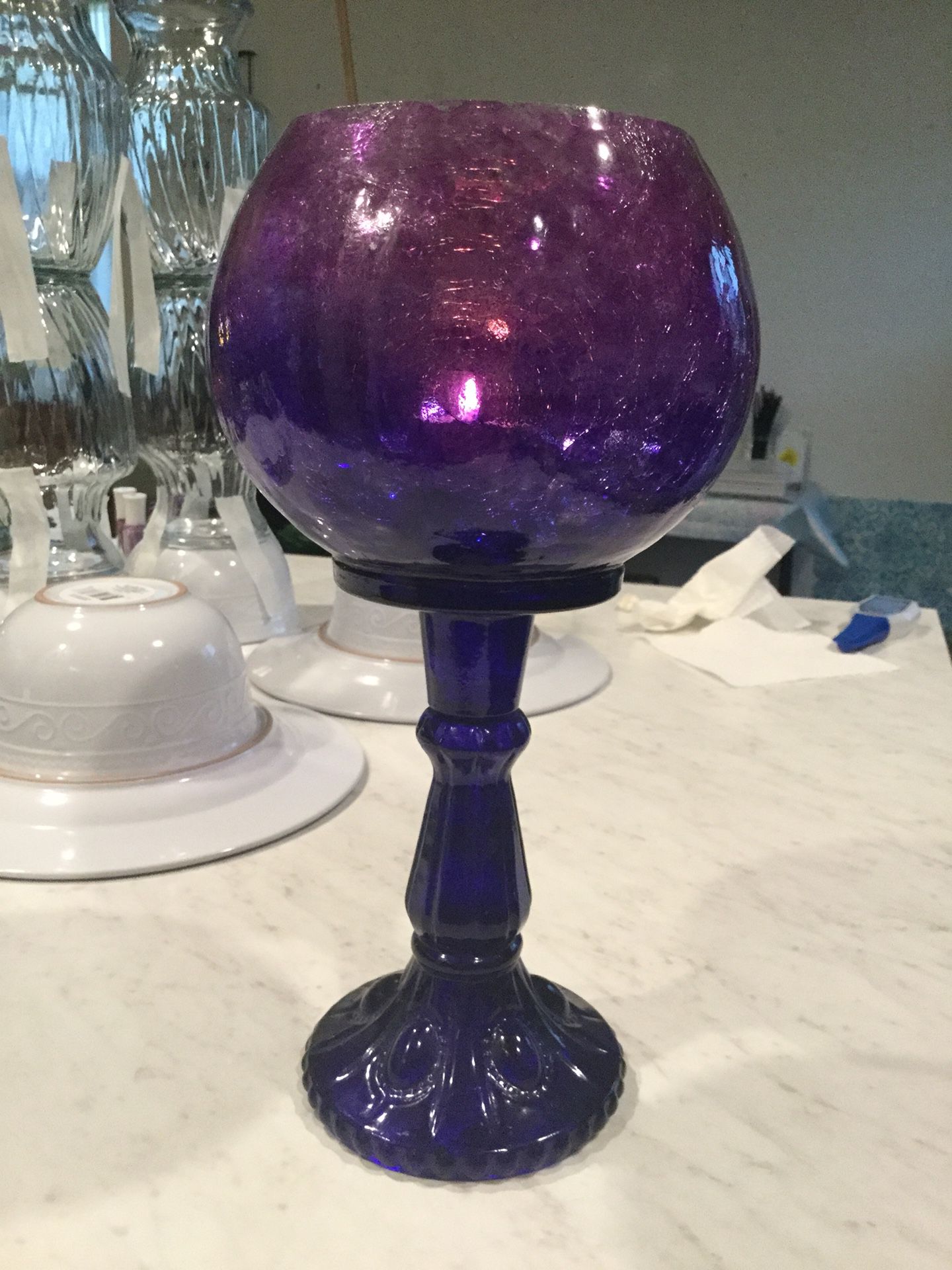 Hand Made and Hand Painted Tall Purple Gradient Crackle Glass Candle Holder