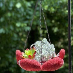 Rare, Unique Realistic Looking Christmas Red Knitted Resin Mittens Plant Hanger