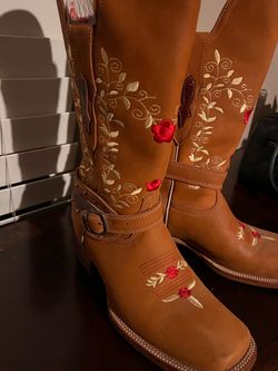 Tan Leather Embroidered Cowboy Boots