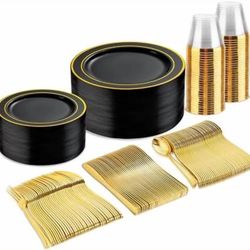 D12#  Gold Brush Dinner Set Round Plastic Plates with Silver Spoon Fork Knives Tumblers, Disposable China Like Party Plate, Heavy Duty Salad Plates, C