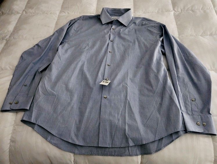 New With Tag Calvin Klein Blue And White Pinstripe Dress Shirt Mens Size Large