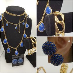 Vintage Bundle Blue Fashion, 3 Items, 1 Necklace, 1 Bracelet, 1 Pair of earrings. gold tone. #735
