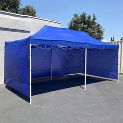 (New in box) $240 Heavy Duty 10x20 FT Canopy (with 4 Sidewalls) Ez Pop Up Outdoor Party Tent w/ Carry Bag (White/Blue) 