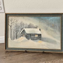 Framed Winter Cabin Painting 12/19 inch