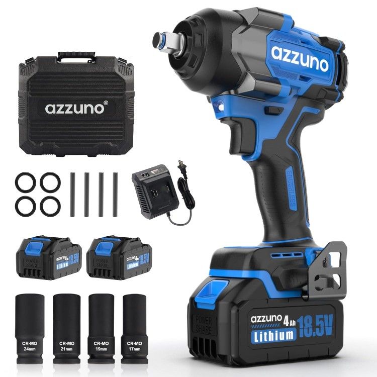 1/2'' Cordless Impact Wrench 850N.m(627Ft-lbs) Brushless Impact Wrench High Torque Power Impact Driver with 2x4Ah Batteries Electric Impact Motor Vari