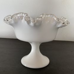 Vintage Fenton Silvercest Milk Glass Pedestal Ruffled Compote