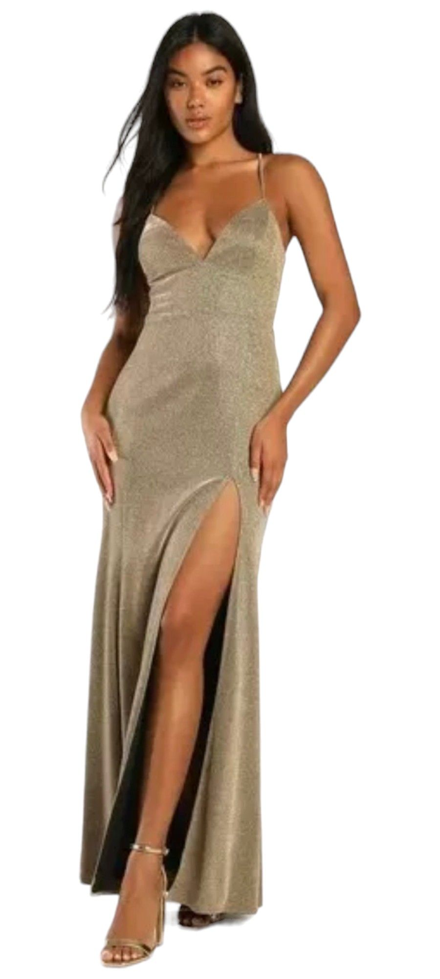 NWT LULUS "Icon Moment" Dress Glitter  Gold Mermaid Maxi Lace Up Stretch LARGE